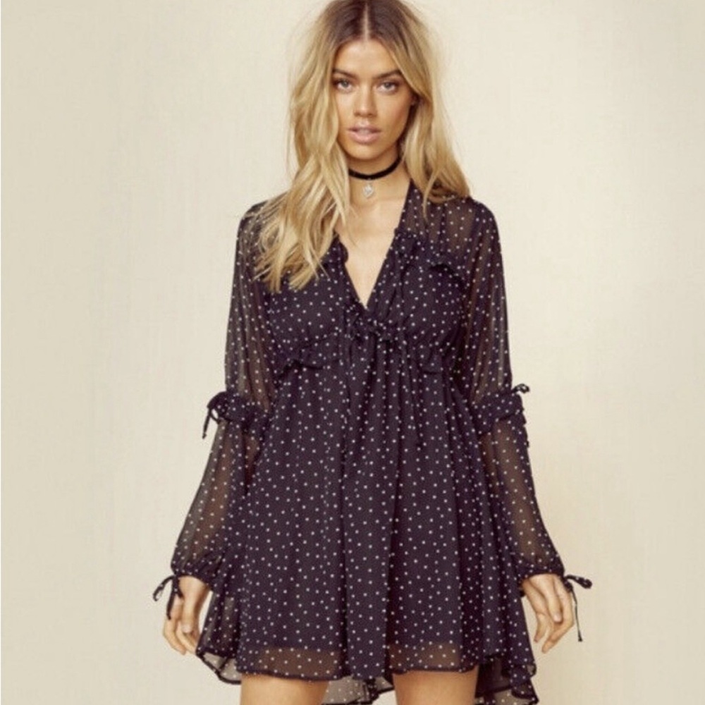 For Love and Lemons Truffles Polka Dot Babydoll Mini Dress Black,  Size XS
